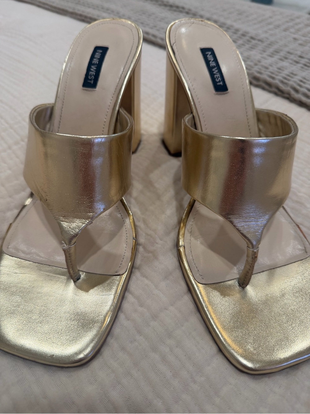 Nine West Metallic Gold Thong Block Heel Sandals